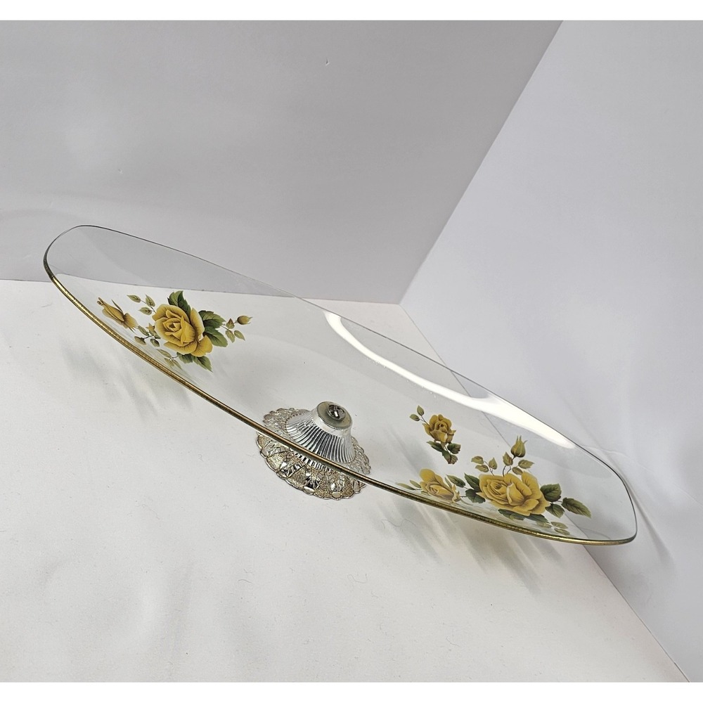Handpainted James Clarke Sons‎ England Yellow Rose Glass Pedestal Serving Tray